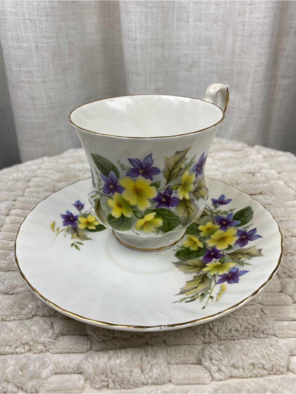 Vintage 1950s Royal Dover English Bone China Primrose Violet Tea Cup Saucer Set